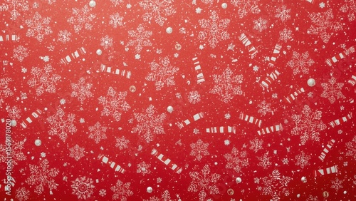 Close-up of red snowflake pattern texture with white Christmas decorations and festive holiday background perfect for winter season celebration and seasonal greeting card design