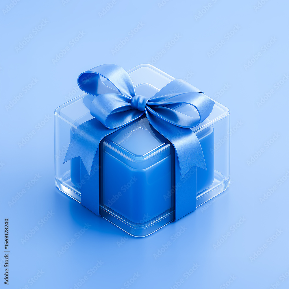 Fototapeta premium 3D Gift Box Icon with Blue Ribbon in Glass Case