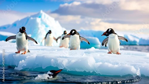 a group of adorable penguins standing on an iceberg in a cold environment. The penguins appear to be posing playfully, with some standing upright and some are diving in the water.