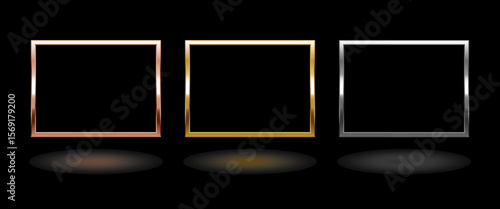 Shiny metal rectangle frame. Isolated luxury pink gold, gold and silver border on black background. Set of glossy quadrilateral frame mockup design element. Vector illustration.