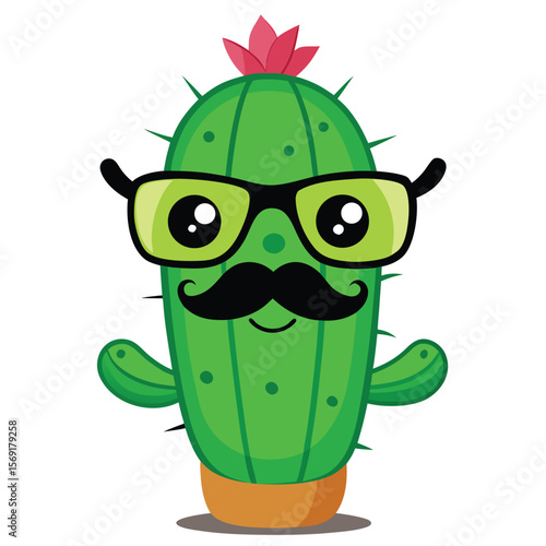 A cartoon cactus with party glasses and a mustache, a fun symbol of a party, celebration, and a trendy, unique plant.