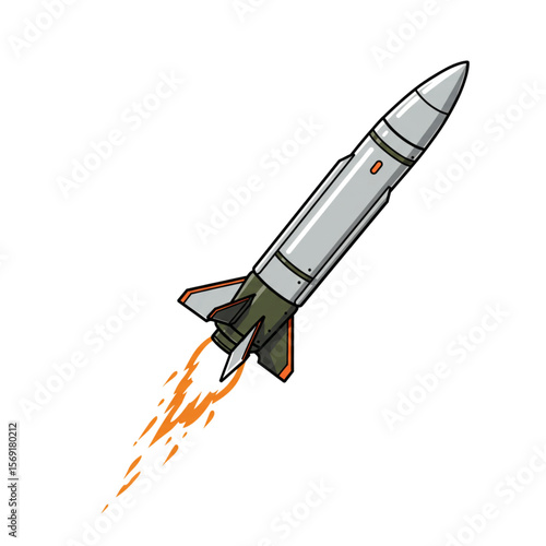 A stylized missile soars upwards trailing flames, suitable for space exploration themes or defense designs with its sleek futuristic form.
