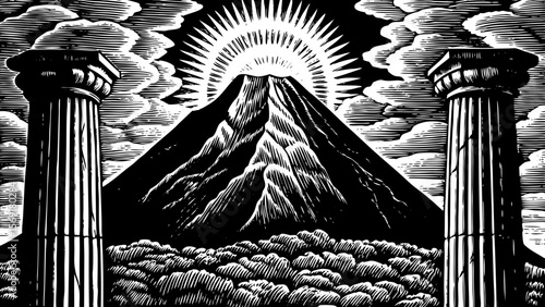 The legendary Mount Olympus surrounded by divine auras and ancient Greek columns a black and white line art illustration