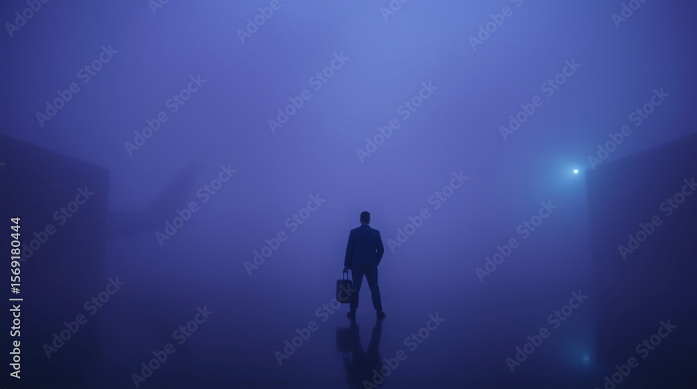 Silhouette of a man with a briefcase walking in a foggy, mysterious urban night setting. Silhouette of a man with a briefcase walking in a foggy, mysterious urban night setting.