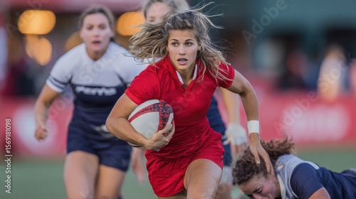 Female rugby player in red jersey evading opponents during intense match on green field