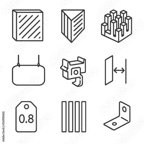 Acoustic Panels Icons. Line style icons of Acoustic Treatment Panels: broadband absorber, bass trap corner, skyline diffuser,