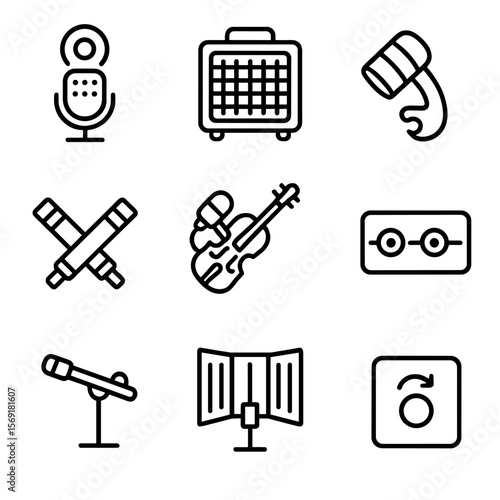 Instrument Miking Icons. Line style icons of Instrument Miking Techniques: cardioid mic, guitar cab, clip-on drum mic, X-Y stereo
