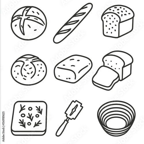 Artisan Bread Icons. Line style icons of Artisan Bread Loaves: crusty sourdough round, baguette stick, multigrain loaf, rye boule,