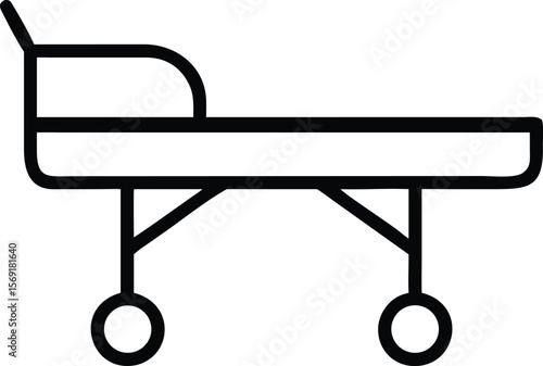 Simple black line drawing of a medical stretcher with wheels and headrest