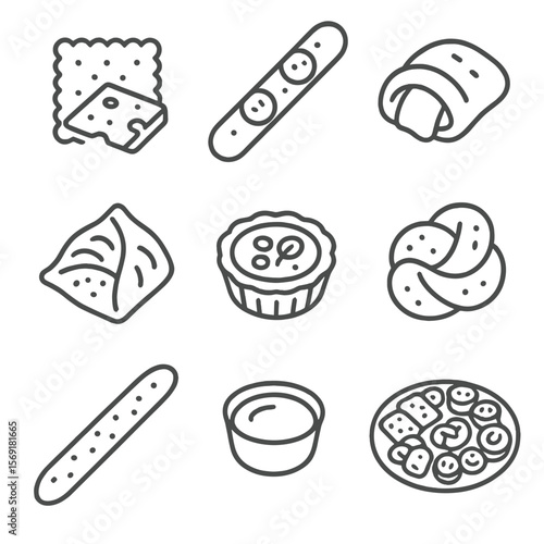 Savory Snack Icons. Line style icons of Savory Snack Bites: cheese cracker, pepperoni breadstick, stuffed pretzel nugget, spinach