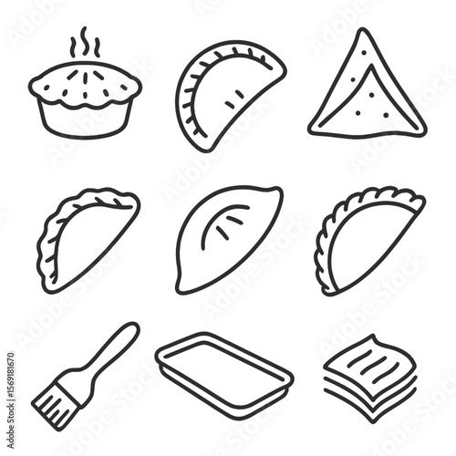 Savory Hand Pie Icons. Line style icons of Savory Hand Pies: chicken pot pie, beef pasty, vegetable samosa, curry puff, spinach