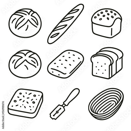 Artisan Bread Icons. Line style icons of Artisan Bread Loaves: crusty sourdough round, baguette stick, multigrain loaf, rye boule,