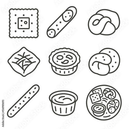 Savory Snack Icons. Line style icons of Savory Snack Bites: cheese cracker, pepperoni breadstick, stuffed pretzel nugget, spinach