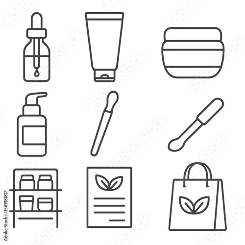 Skincare Line Icons. Line style icons of Skincare Retail Display: serum dropper, facial cleanser tube, moisturizer jar, sunscreen