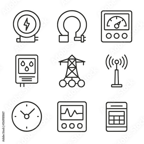 Smart Grid Sensor Icons. Line style icons of Smart Grid Sensors: voltage sensor, current transformer, phasor measurement unit,