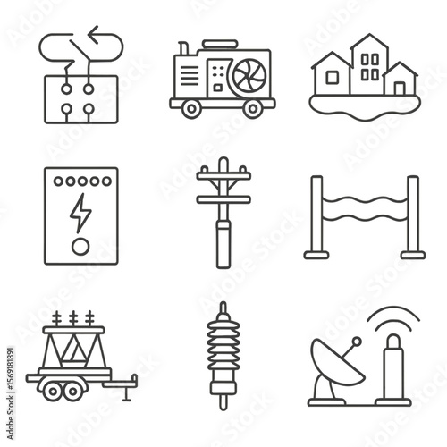 Grid Resilience Icons. Line style icons of Grid Resilience Solutions: redundancy switchgear, black start generator, microgrid