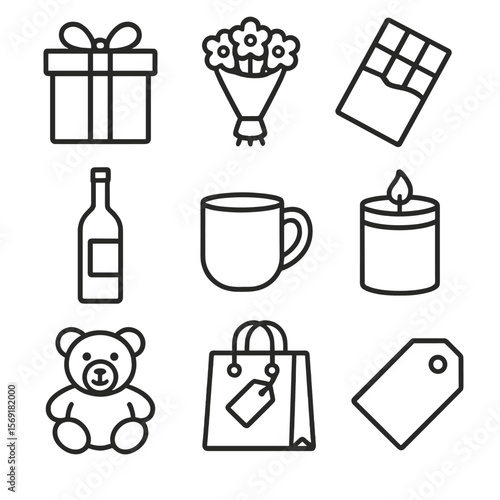 Appreciation Gift Icons. Line style icons of Appreciation Gifts: gift box, bouquet, chocolate bar, wine bottle, coffee mug, candle