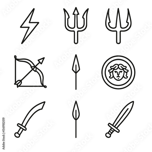 Iconic Mythological Weapons. Line style icons of Legendary Weapons: Zeus thunderbolt, Poseidon trident, Hades bident, Artemis