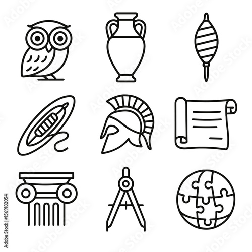 Wisdom and Craft Icons. Line style icons of Wisdom & Crafts: Athena owl, olive oil amphora, spindle drop, loom shuttle, carved