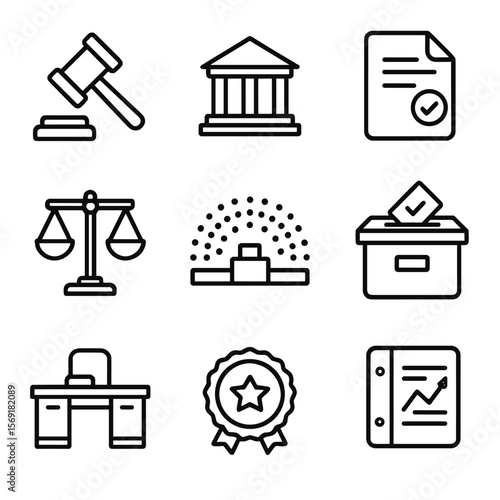 Policy Icon Set. Line style icons of Policy & Governance: gavel judge, government building, policy document, scales of justice,
