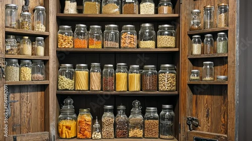 Wallpaper Mural Wooden pantry filled with glass jars of various grains, pasta, and nuts Torontodigital.ca