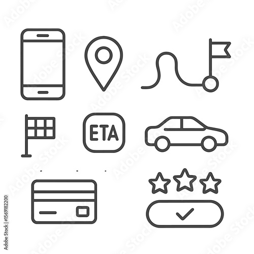 Ride-Hailing App Icons. Line style icons of Ride-Hailing App UI: smartphone screen, map pin, route line, car silhouette, pickup