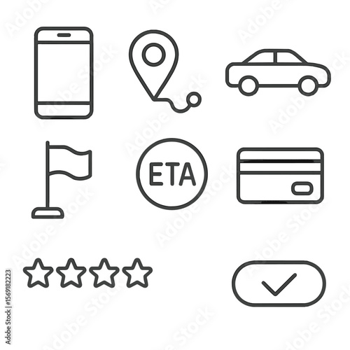 Ride-Hailing App Icons. Line style icons of Ride-Hailing App UI: smartphone screen, map pin, route line, car silhouette, pickup