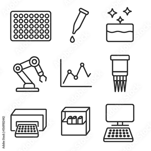 High-Throughput Screening Icons. Line style icons of High-Throughput Screening: 96-well plate, liquid handler tip, fluorescence