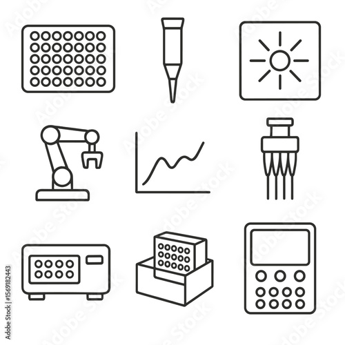 High-Throughput Screening Icons. Line style icons of High-Throughput Screening: 96-well plate, liquid handler tip, fluorescence