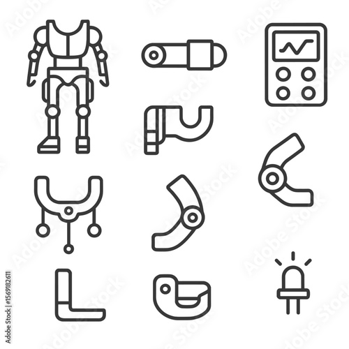 Robotic Exoskeleton Icons. Line style icons of Robotic Exoskeletons: powered exosuit frame, joint actuator, battery pack, control