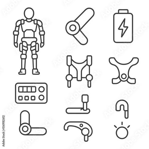 Robotic Exoskeleton Icons. Line style icons of Robotic Exoskeletons: powered exosuit frame, joint actuator, battery pack, control