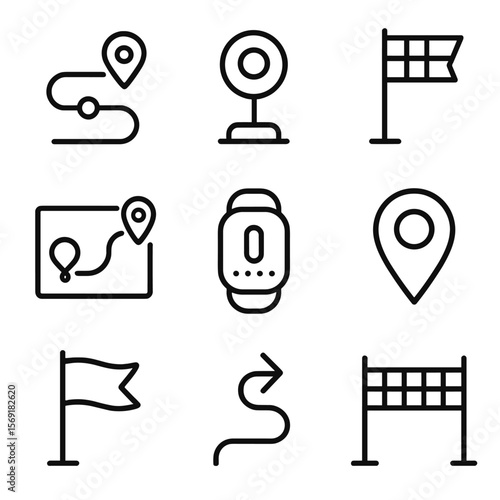 Gamification Icons. Line style icons of Gamification Progress Tracking: roadmap path, checkpoint marker, distance flag, journey