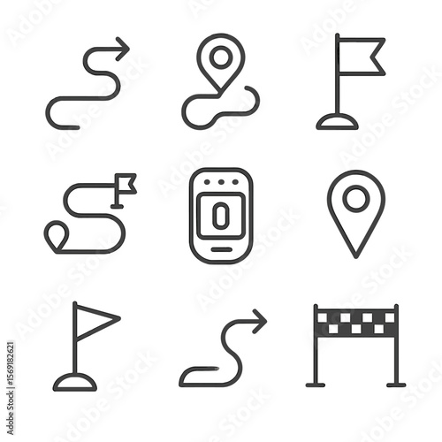 Gamification Icons. Line style icons of Gamification Progress Tracking: roadmap path, checkpoint marker, distance flag, journey