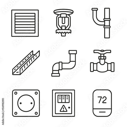 MEP Systems Icons. Line style icons of MEP Systems: HVAC vent, sprinkler head, electrical conduit, cable tray, plumbing pipe,