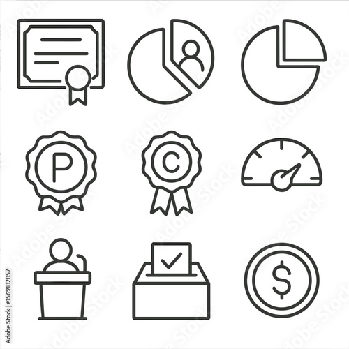 Equity Financing Icons. Line style icons of Equity Financing Options: share certificate, equity pie chart, cap table slice,