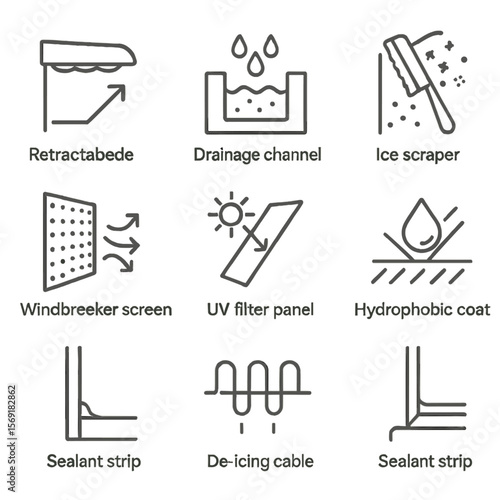 Weatherproofing Line Icons. Line style icons of Weatherproofing Features: retractable canopy, drainage channel, ice scraper arm,