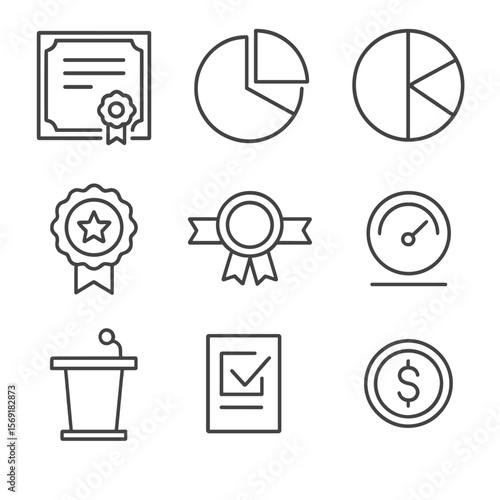 Equity Financing Icons. Line style icons of Equity Financing Options: share certificate, equity pie chart, cap table slice,