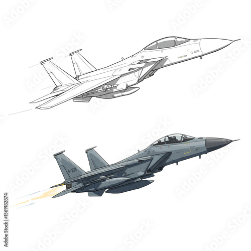 Two stylized jet fighter outlines and colored versions, perfect for aviation themed design projects or aircraft related graphics.