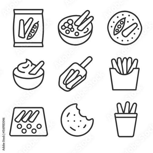Frozen Pea Snack Icons. Line style icons of Frozen Pea Snack Varieties: pea crisps bag, poke bowl, cracker topped with peas, dip