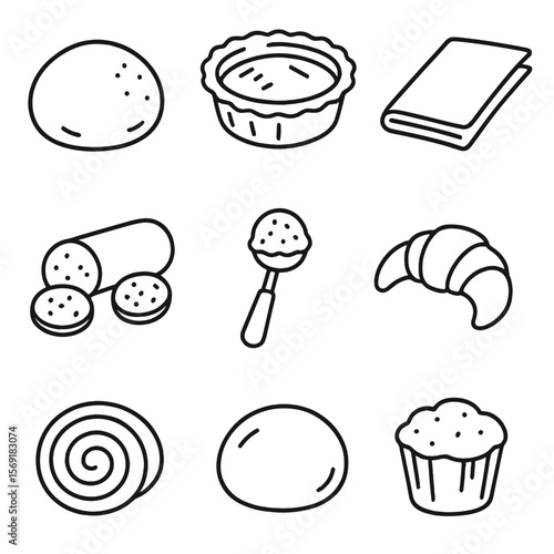 Frozen Dough Icons. Line style icons of Frozen Doughs & Pastries: pizza dough ball, pie crust, puff pastry sheet, biscuit dough,