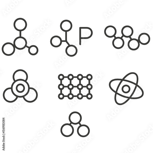 Frozen Pea Molecular Diagram. Line style icons of Frozen Pea Molecular Structure: pea molecule diagram, chemical bond spheres,
