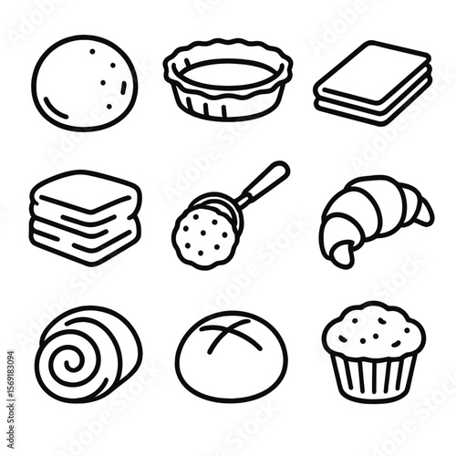 Frozen Dough Icons. Line style icons of Frozen Doughs & Pastries: pizza dough ball, pie crust, puff pastry sheet, biscuit dough,
