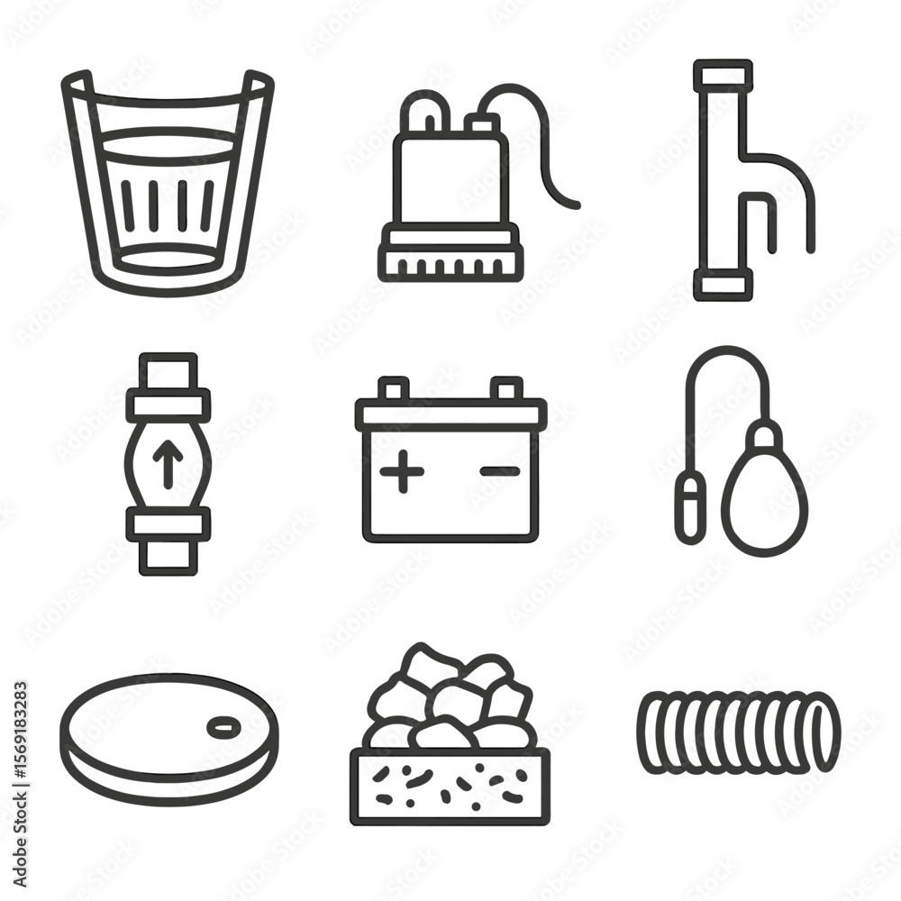 Sump Pump Components. Line style icons of Sump Pump Systems: basin liner, submersible pump, discharge pipe, check valve, backup Sump Pump Components. Line style icons of Sump Pump Systems: basin liner, submersible pump, discharge pipe, check valve, backup