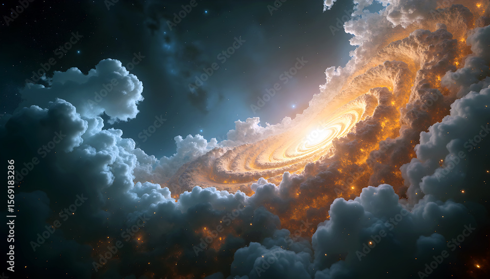 Fototapeta premium Cosmic Cloud Galaxy: A swirling spiral galaxy hidden within a celestial cloud, radiating an ethereal golden light against a dark nebula background.