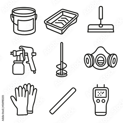 Concrete Sealant Tools Icons. Line style icons of Concrete Sealants & Coatings: sealer bucket, roller pan, squeegee, spray gun,