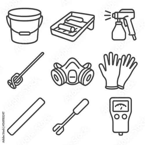 Concrete Sealant Tools Icons. Line style icons of Concrete Sealants & Coatings: sealer bucket, roller pan, squeegee, spray gun,