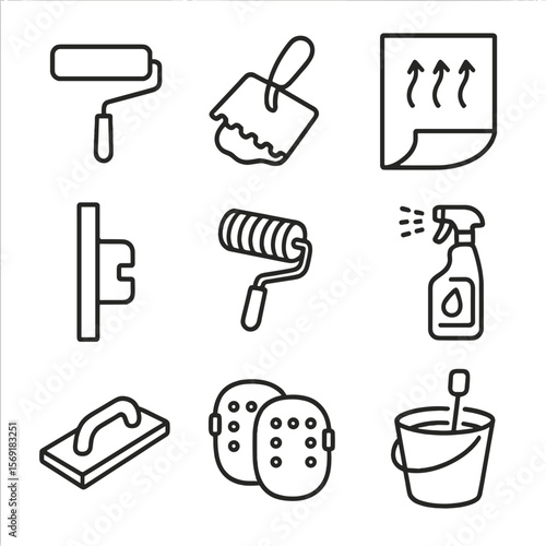 Basement Waterproofing Icons. Line style icons of Basement Floor Waterproofing: primer roller, liquid membrane trowel, vapor