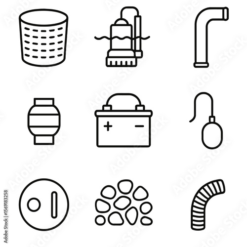 Sump Pump Components. Line style icons of Sump Pump Systems: basin liner, submersible pump, discharge pipe, check valve, backup