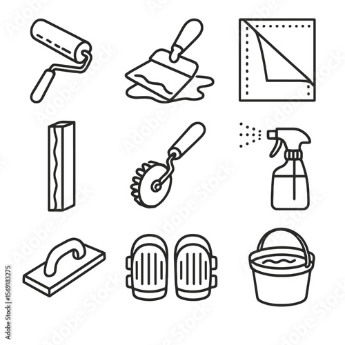 Basement Waterproofing Icons. Line style icons of Basement Floor Waterproofing: primer roller, liquid membrane trowel, vapor