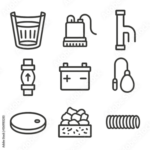 Sump Pump Components. Line style icons of Sump Pump Systems: basin liner, submersible pump, discharge pipe, check valve, backup